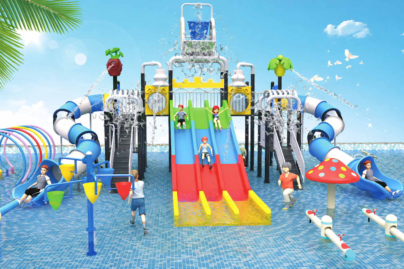 Jeux aquatiques pour piscine Maroc structure avec toboggan triple et seau basculant EPA-00021 Univers Jouet