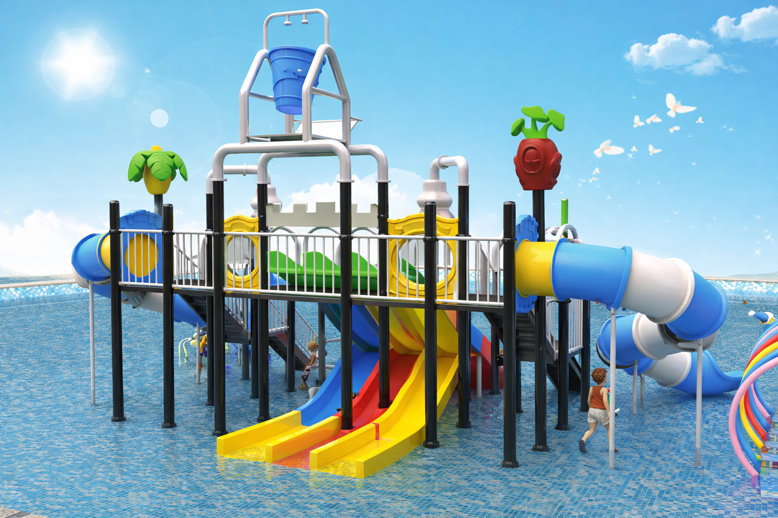 Jeux aquatiques pour piscine Maroc structure avec toboggan triple et seau basculant EPA-00021 Univers Jouet
