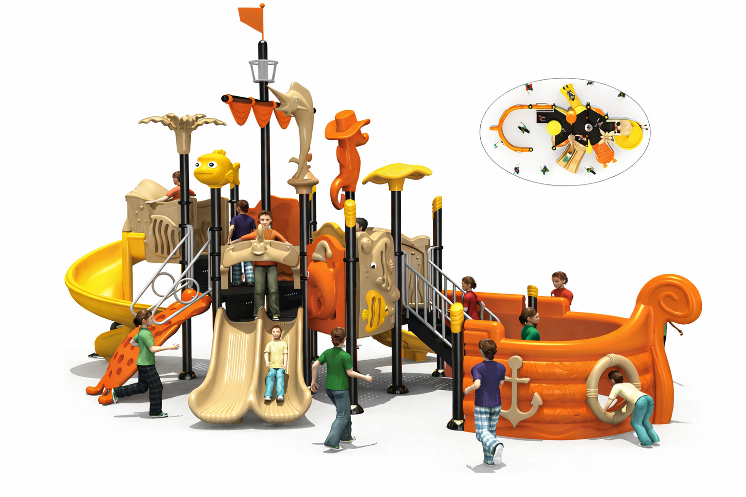 aire de jeux extérieure UNS-00188 structure multi-activités avec toboggans pour enfants