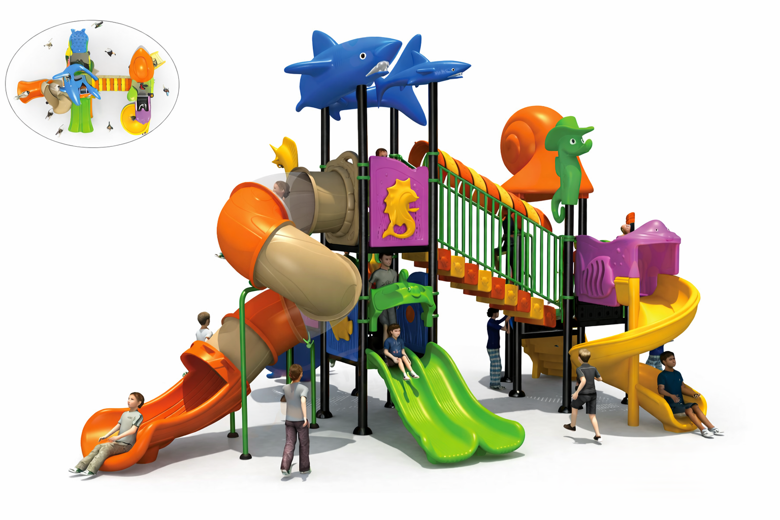 aire de jeux extérieure Maroc UNS-00184 structure multi-activités avec toboggans thème marin