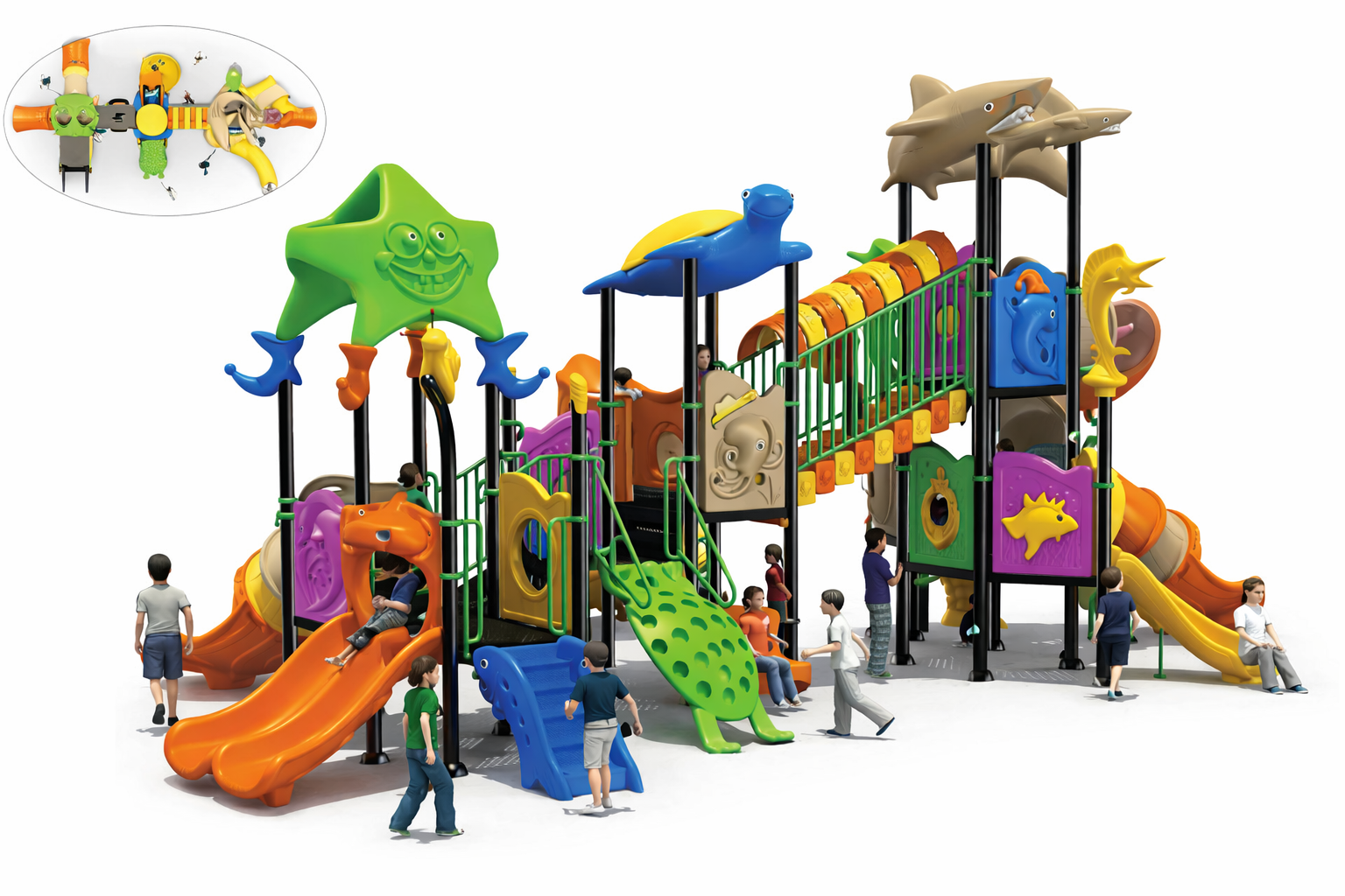 structure aire de jeux extérieure Maroc UNS-00185 multi-activités avec toboggans thème marin