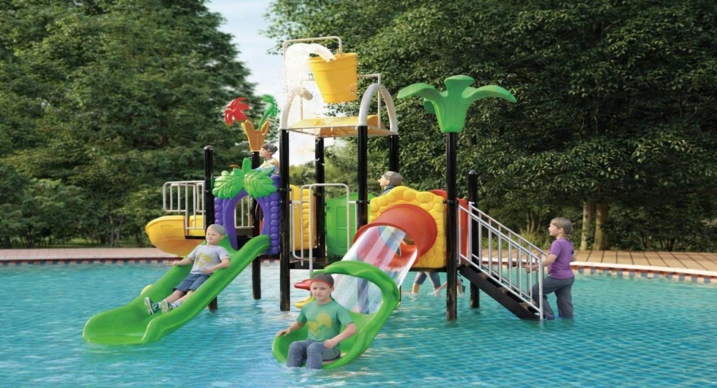 Toboggan piscine enfant Maroc structure compacte avec palmier et seau d'eau jaune EPA-00028 Univers Jouet