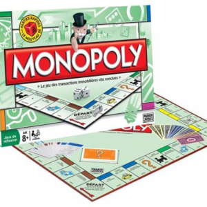 Boîte verte et plateau de jeu du Monopoly Classique édition Parker avec des billets, des cartes et des dés.