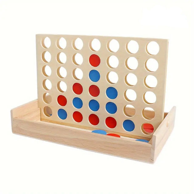Boîte du jeu de société Puissance 4 en bois pliable, Four in a row on a journey, avec jetons rouges et bleus.