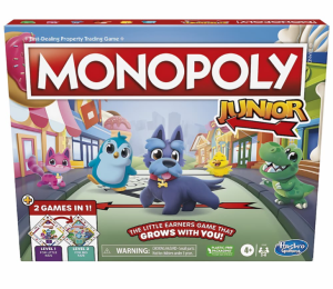 Boîte du jeu de société Monopoly Junior par Hasbro Gaming avec des pions animaux mignons sur le plateau.