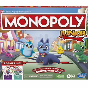 Boîte du jeu de société Monopoly Junior par Hasbro Gaming avec des pions animaux mignons sur le plateau.